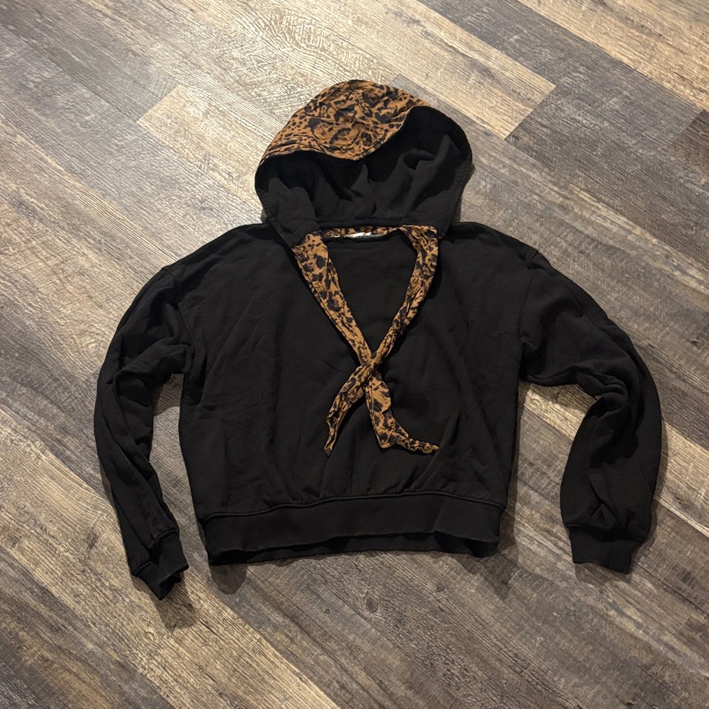 Free People Black V-Neck Hoodie with Leopard Trim